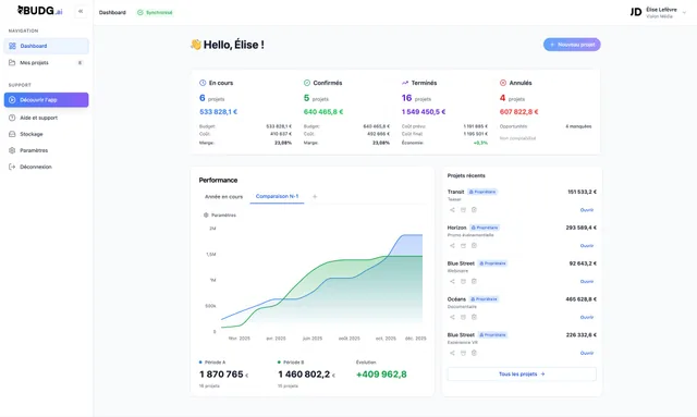 Interface budg.ai pour la création de budgets de production audiovisuelle et le suivi des dépenses de tournage
